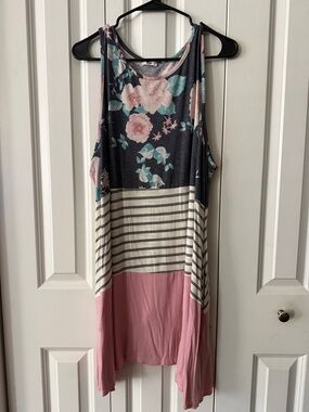Floral & Stripe Sleeveless Midi Dress in Pink and Navy